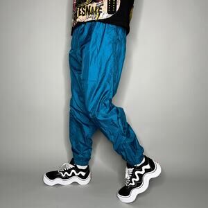Vintage 90s Track Pants Mens L Aqua Blue Nylon Joggers Lined Ankle Zippers Flare
